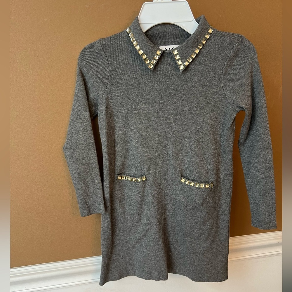 Milly Minis Girls Charcoal Knit Dress with Pointed Rhinestone Collar Size 6/7